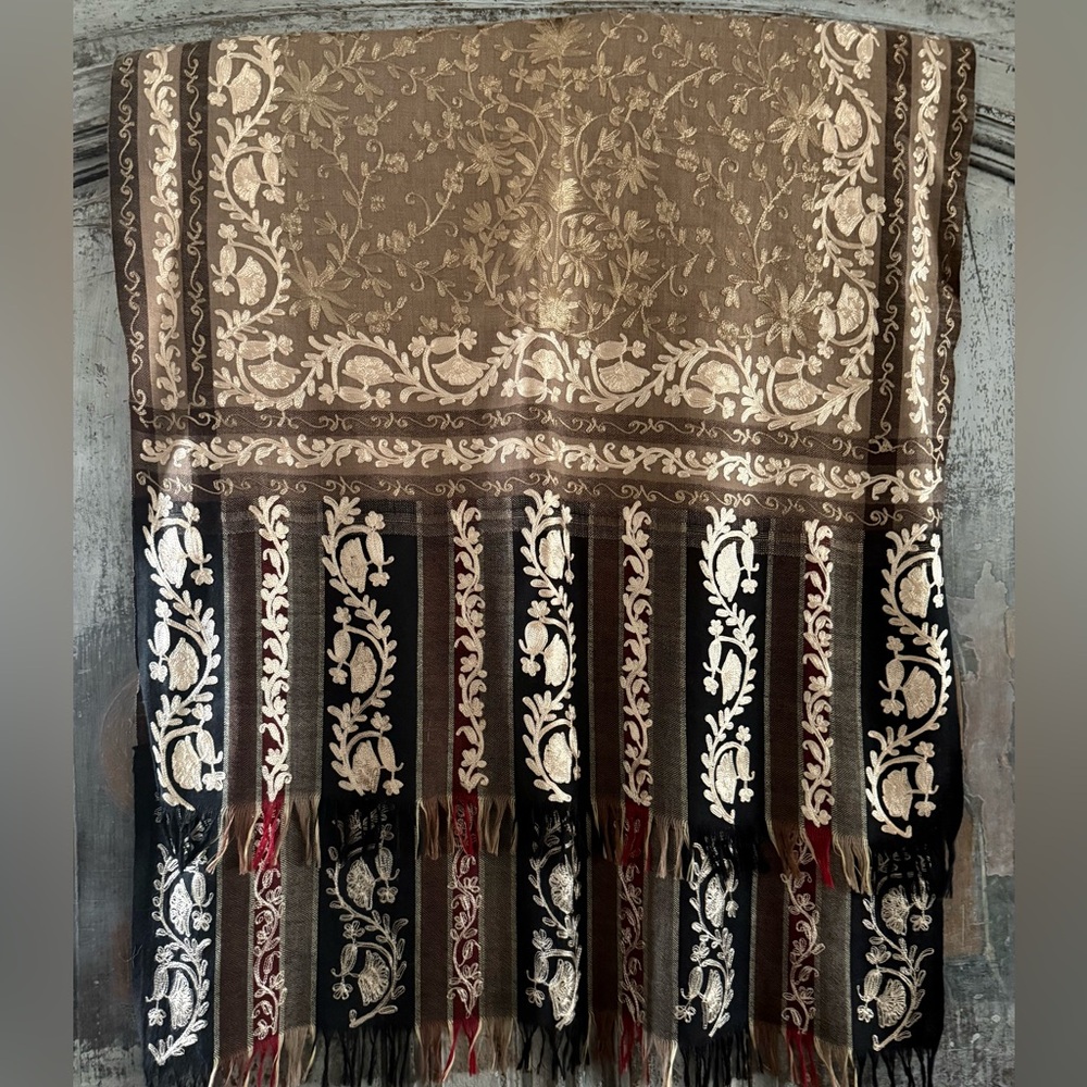 Ornate Brown and Cream Shawl with Fringe